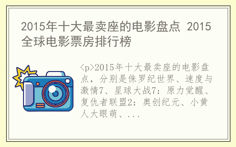 2015年十大最卖座的电影盘点 2015全球电影票房排行榜