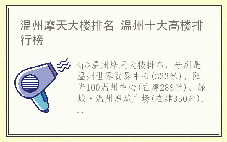 温州摩天大楼排名 温州十大高楼排行榜