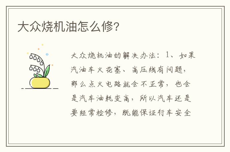 大众烧机油怎么修 大众烧机油怎么修