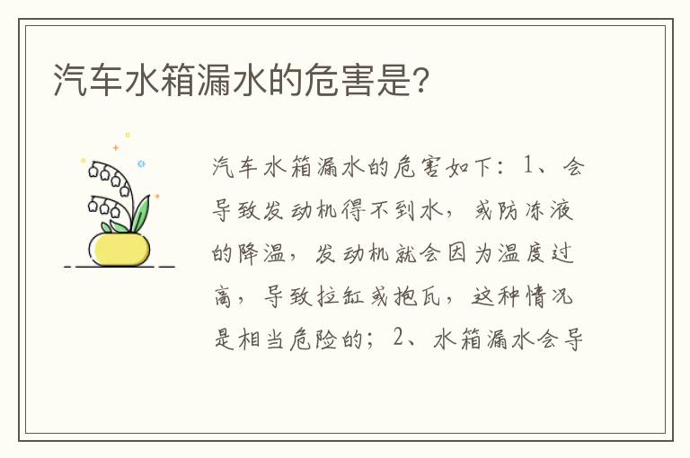 汽车水箱漏水的危害是 汽车水箱漏水的危害是