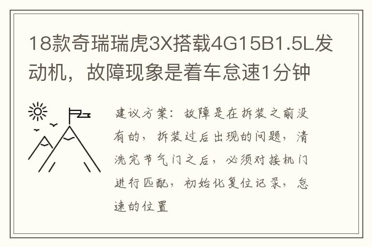 故障现象是着车怠速1分钟左右怠速开始不稳游车 熄火后重启又正常 读取发动机数据代码为p0101进气歧管信号比较错误 18款奇瑞瑞虎3X搭载4G15B1.5L发动机