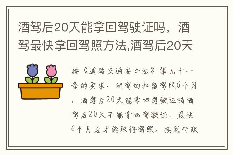 酒驾最快拿回驾照方法 酒驾后20天拿回驾驶证 酒驾后20天能拿回驾驶证吗