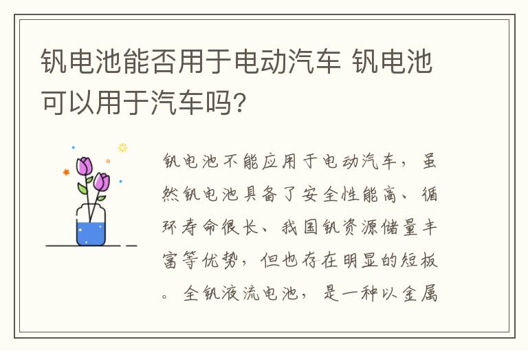 钒电池可以用于汽车吗 钒电池能否用于电动汽车