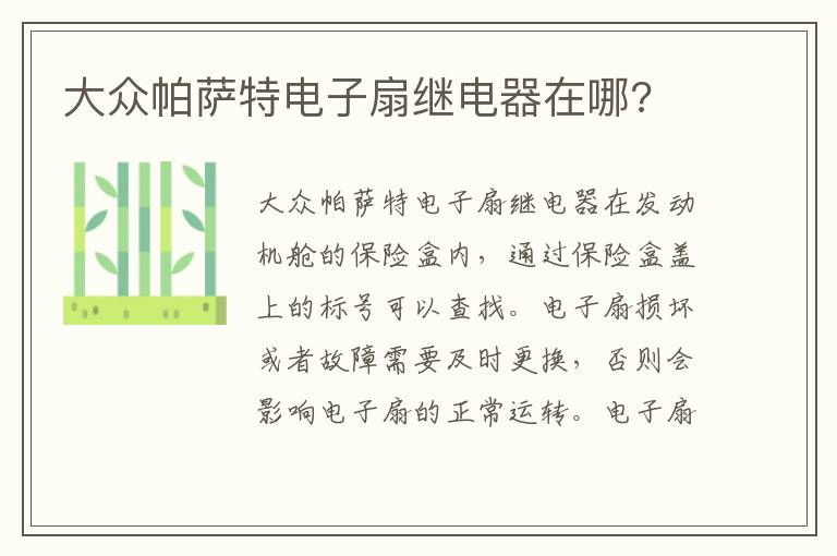 大众帕萨特电子扇继电器在哪 大众帕萨特电子扇继电器在哪