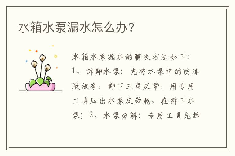 水箱水泵漏水怎么办 水箱水泵漏水怎么办