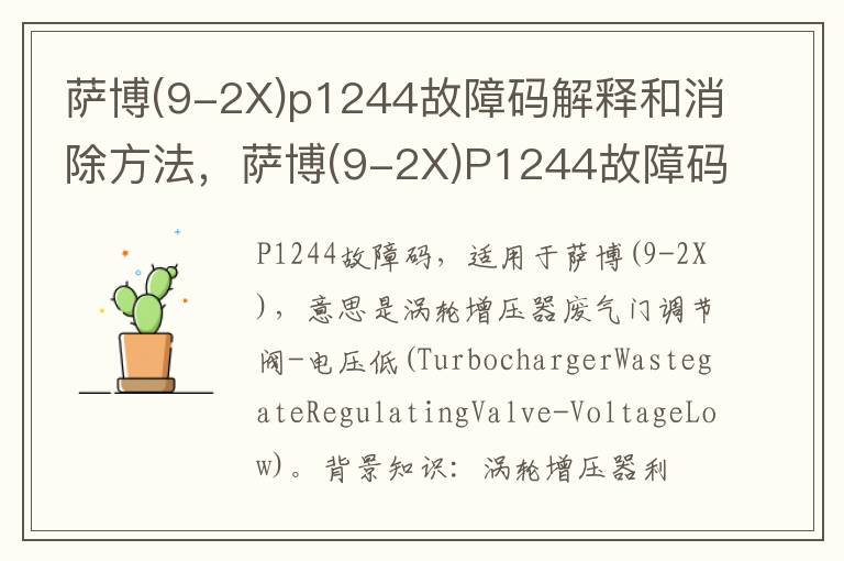 9-2X p1244故障码解释和消除方法 萨博 9-2X P1244故障码怎么解决 萨博