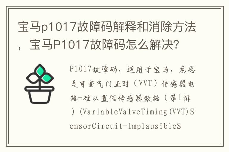 宝马P1017故障码怎么解决 宝马p1017故障码解释和消除方法