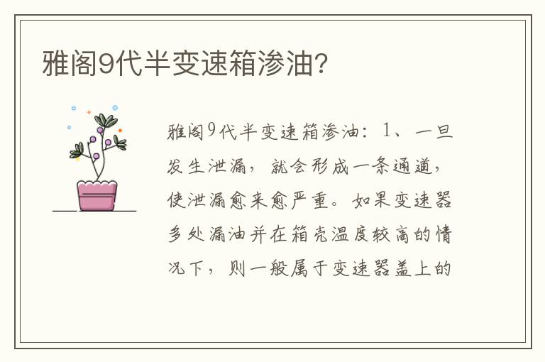 雅阁9代半变速箱渗油 雅阁9代半变速箱渗油