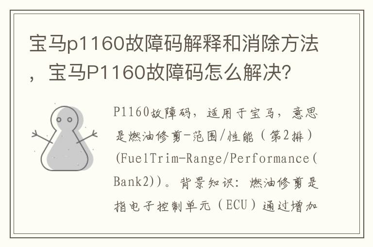 宝马P1160故障码怎么解决 宝马p1160故障码解释和消除方法