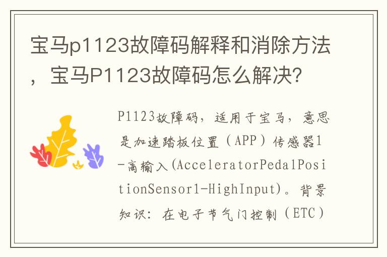 宝马P1123故障码怎么解决 宝马p1123故障码解释和消除方法