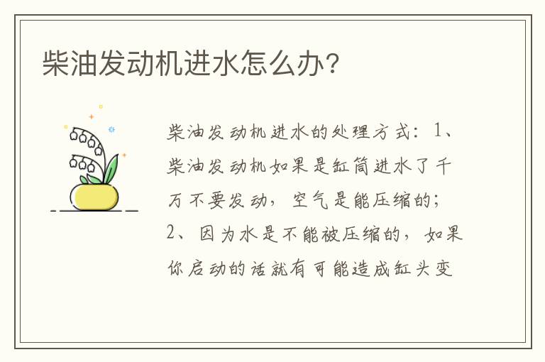 柴油发动机进水怎么办 柴油发动机进水怎么办