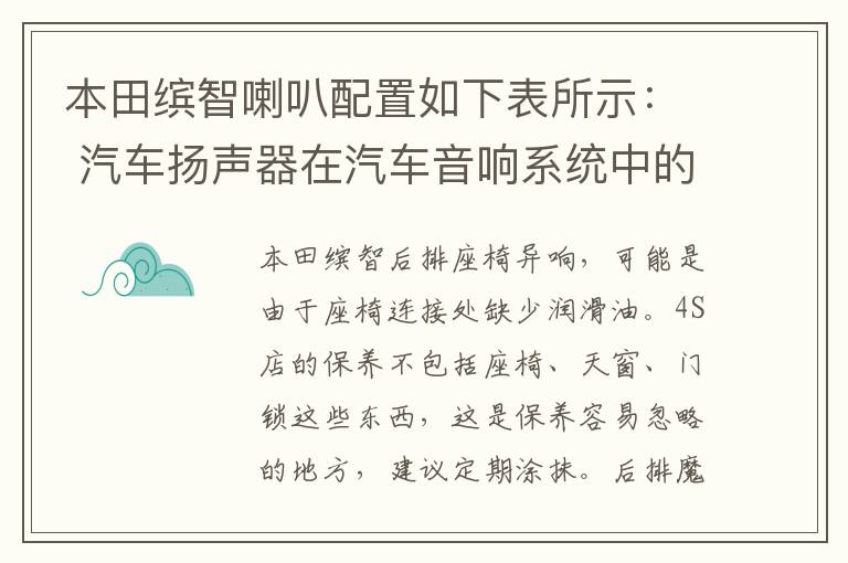 汽车扬声器在汽车音响系统中的重要性更为突 本田缤智喇叭配置如下表所示：