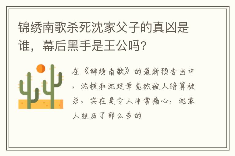 幕后黑手是王公吗 锦绣南歌杀死沈家父子的真凶是谁