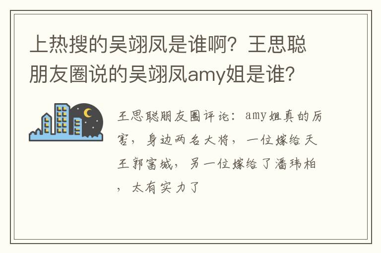 王思聪朋友圈说的吴翊凤amy姐是谁 上热搜的吴翊凤是谁啊