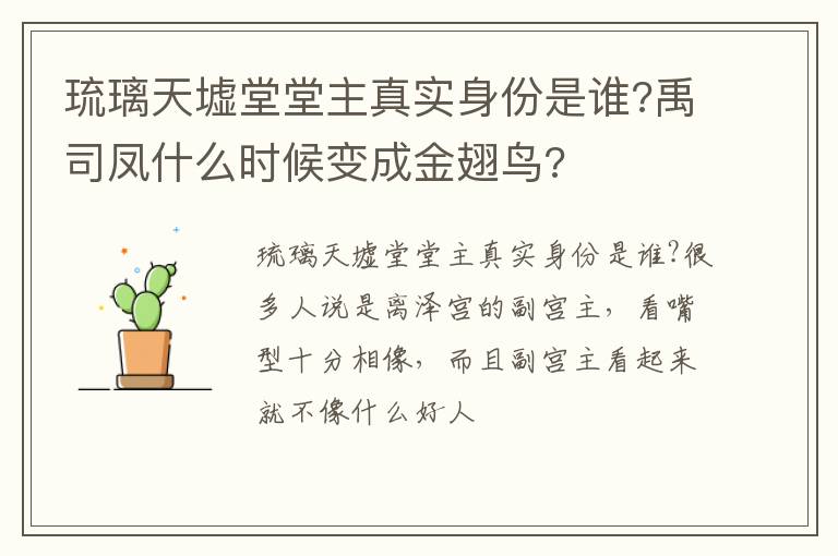 禹司凤什么时候变成金翅鸟 琉璃天墟堂堂主真实身份是谁