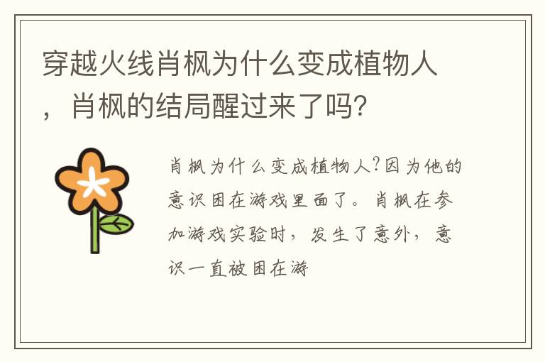 肖枫的结局醒过来了吗 穿越火线肖枫为什么变成植物人