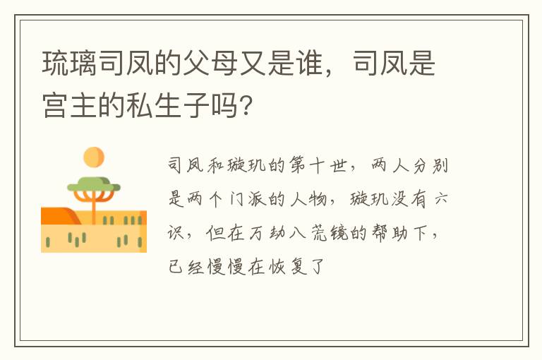 司凤是宫主的私生子吗 琉璃司凤的父母又是谁