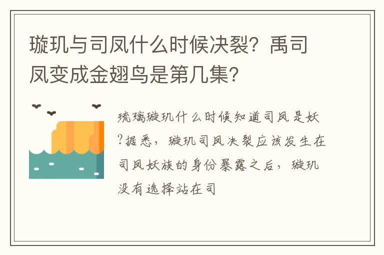 禹司凤变成金翅鸟是第几集 璇玑与司凤什么时候决裂