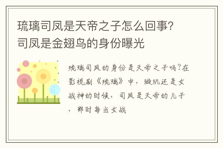 司凤是金翅鸟的身份曝光 琉璃司凤是天帝之子怎么回事