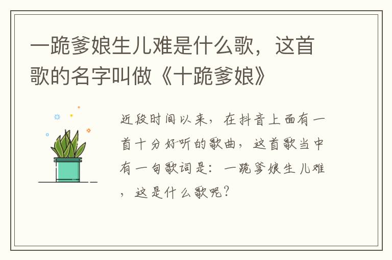 这首歌的名字叫做《十跪爹娘》 一跪爹娘生儿难是什么歌
