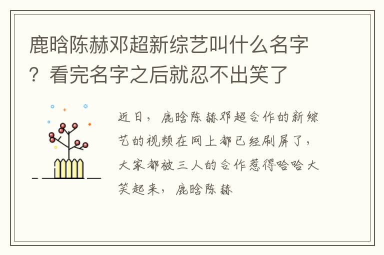 看完名字之后就忍不出笑了 鹿晗陈赫邓超新综艺叫什么名字