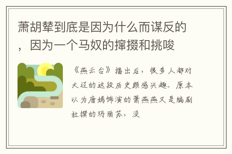 因为一个马奴的撺掇和挑唆 萧胡辇到底是因为什么而谋反的