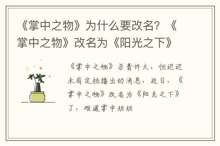 《掌中之物》改名为《阳光之下》了 《掌中之物》为什么要改名