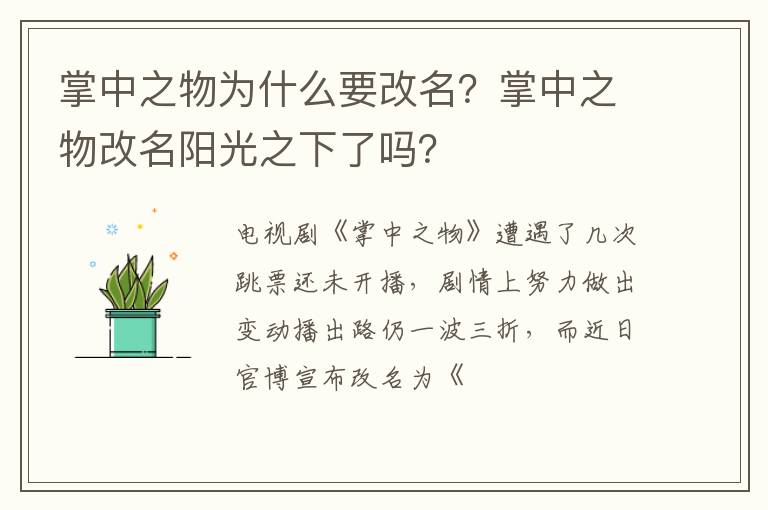 掌中之物改名阳光之下了吗 掌中之物为什么要改名