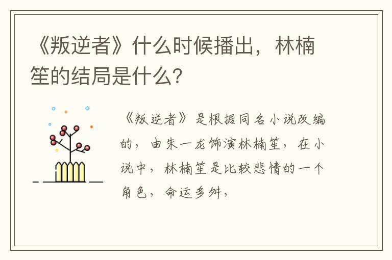 林楠笙的结局是什么 《叛逆者》什么时候播出