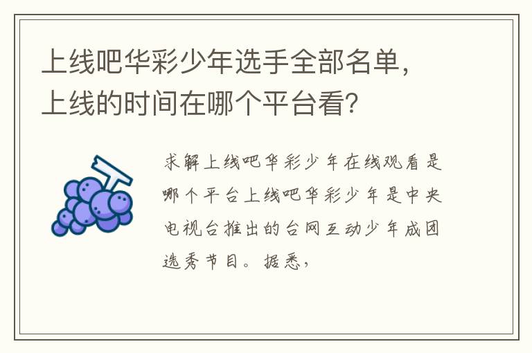上线的时间在哪个平台看 上线吧华彩少年选手全部名单