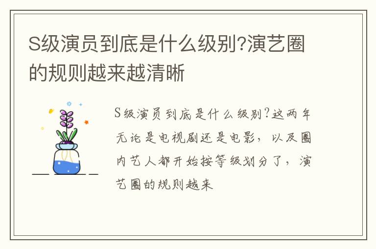 演艺圈的规则越来越清晰 S级演员到底是什么级别