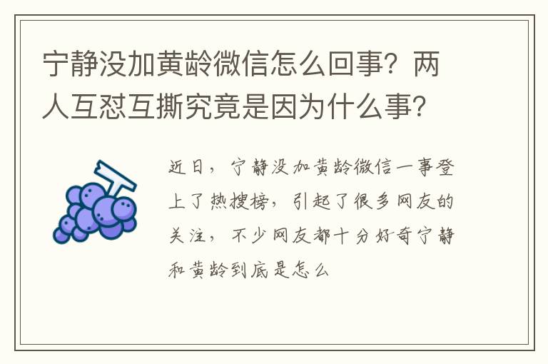 两人互怼互撕究竟是因为什么事 宁静没加黄龄微信怎么回事