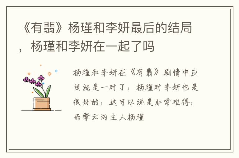 杨瑾和李妍在一起了吗 《有翡》杨瑾和李妍最后的结局