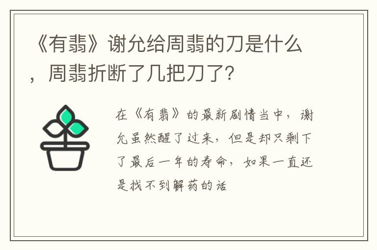 周翡折断了几把刀了 《有翡》谢允给周翡的刀是什么