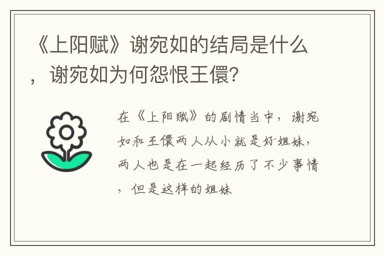 谢宛如为何怨恨王儇 《上阳赋》谢宛如的结局是什么