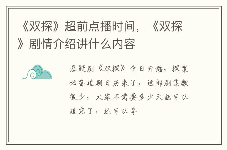 《双探》剧情介绍讲什么内容 《双探》超前点播时间