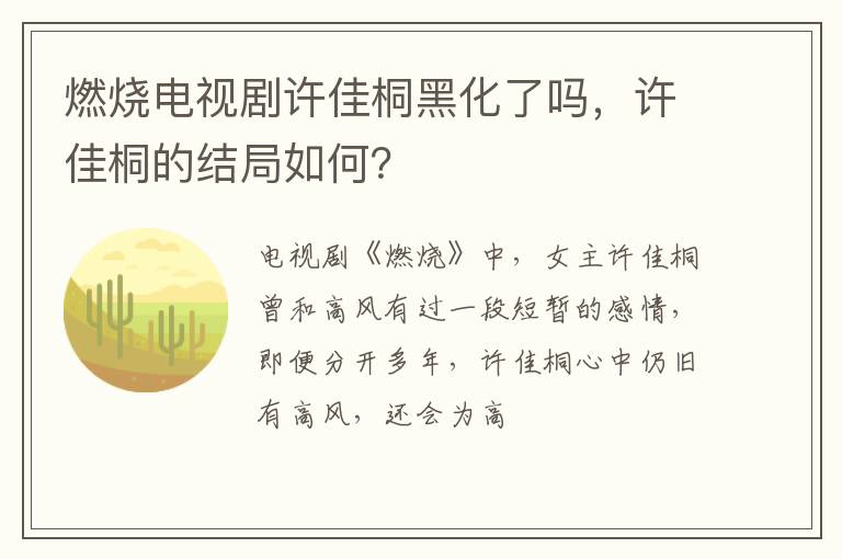 许佳桐的结局如何 燃烧电视剧许佳桐黑化了吗