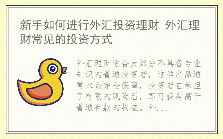 新手如何进行外汇投资理财 外汇理财常见的投资方式
