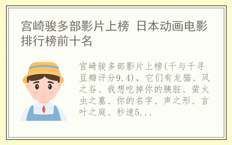 宫崎骏多部影片上榜 日本动画电影排行榜前十名