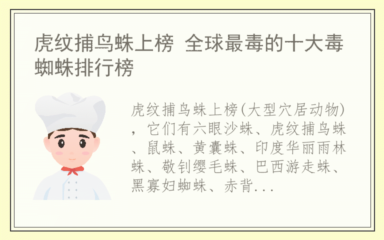 虎纹捕鸟蛛上榜 全球最毒的十大毒蜘蛛排行榜